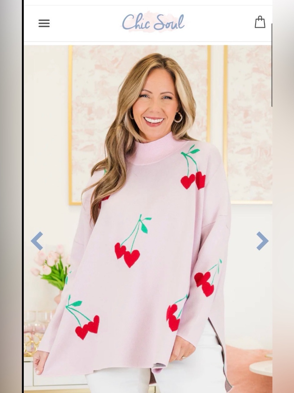 Chic Soul Pink Cherry-Print Turtleneck Sweater